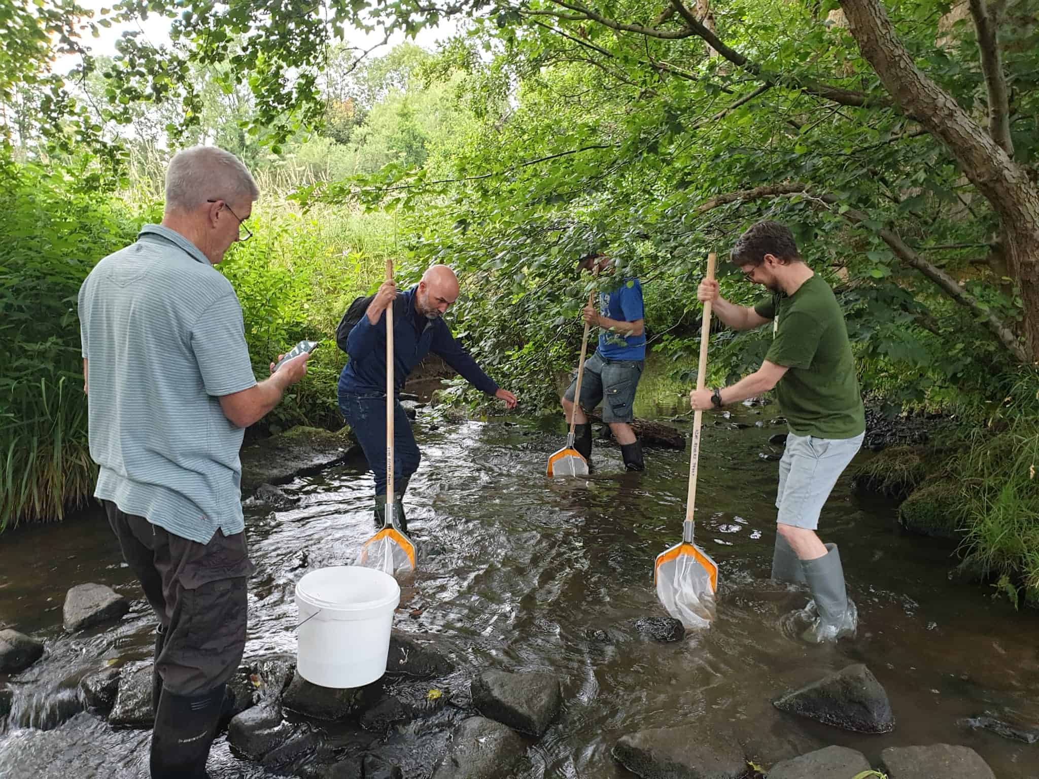 Four men standing in a stream with sample nets