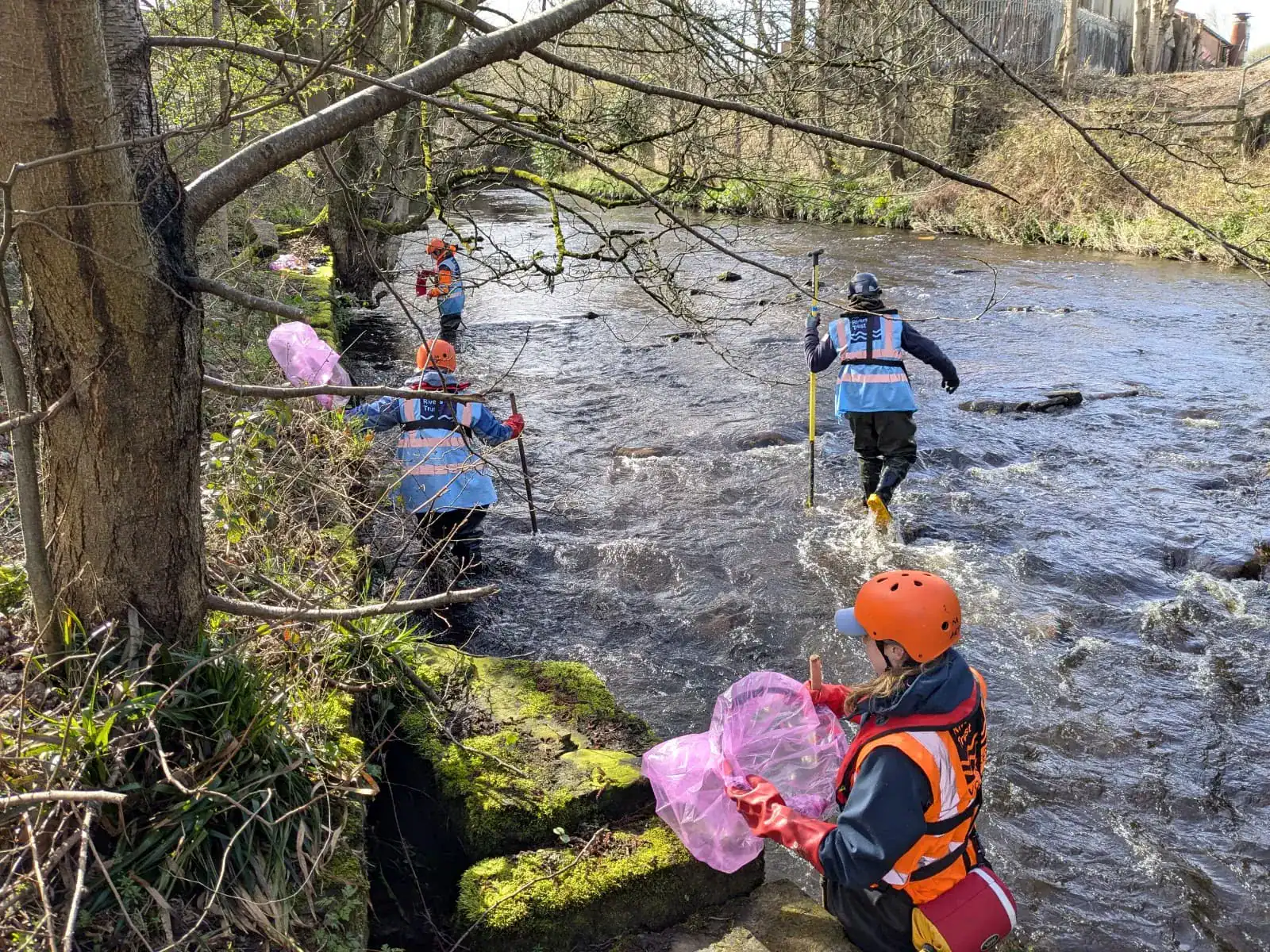 Volunteers cleaning a river during Aire Rivers Trust's cleanup season.