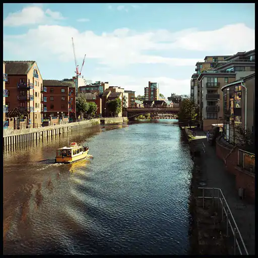River Aire running through the urban landscape of Leeds